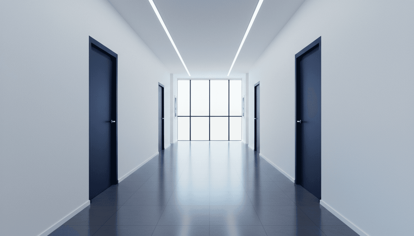 Light-filled dental office corridor leading to treatment rooms