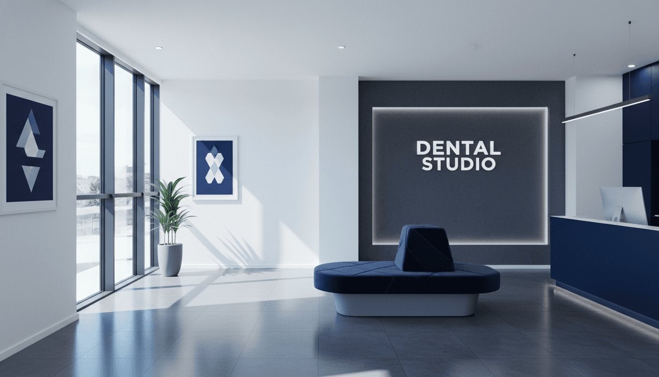 Modern dental studio interior with navy accent wall and warm daylight